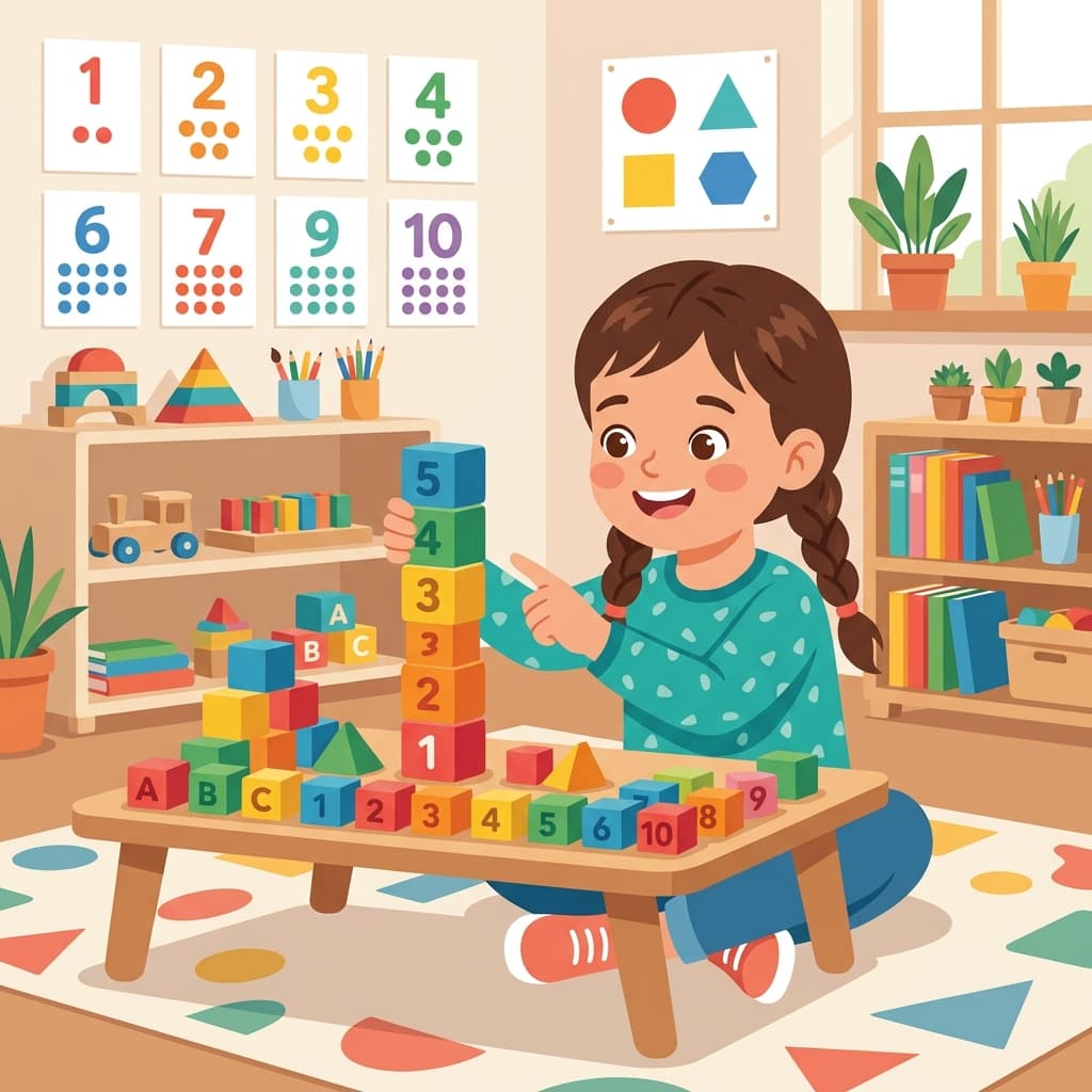 Pre-K child counting colorful blocks