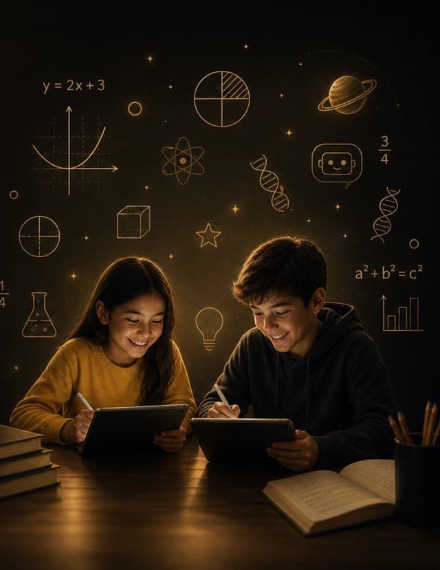 Two children learning together with glowing math and science icons