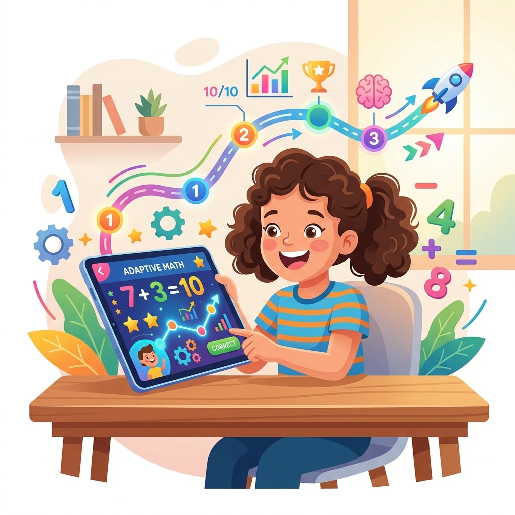 Child working through adaptive math questions on a tablet