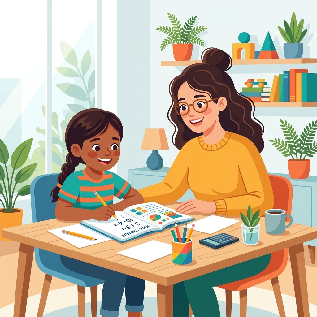 Parent and child sitting together working on math homework